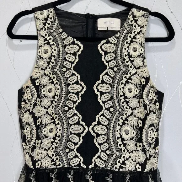 Immaculate BHLDN Black Gold Lace Flourish A-Line Dress $380 - Picture 8 of 11